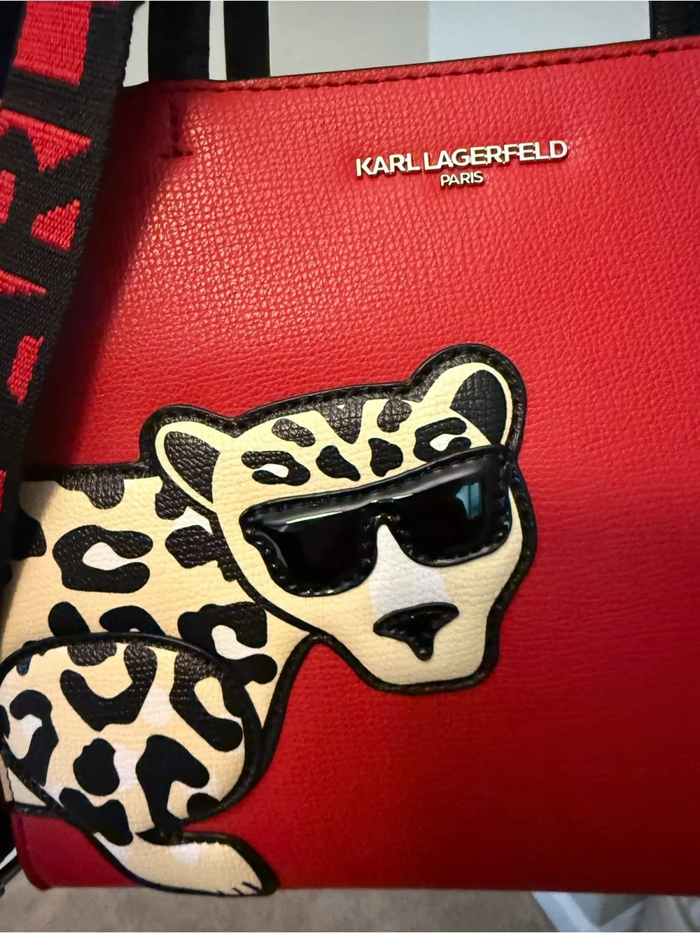 Karl Lagerfeld Red Satchel with Leopard Patch and Branded Strap